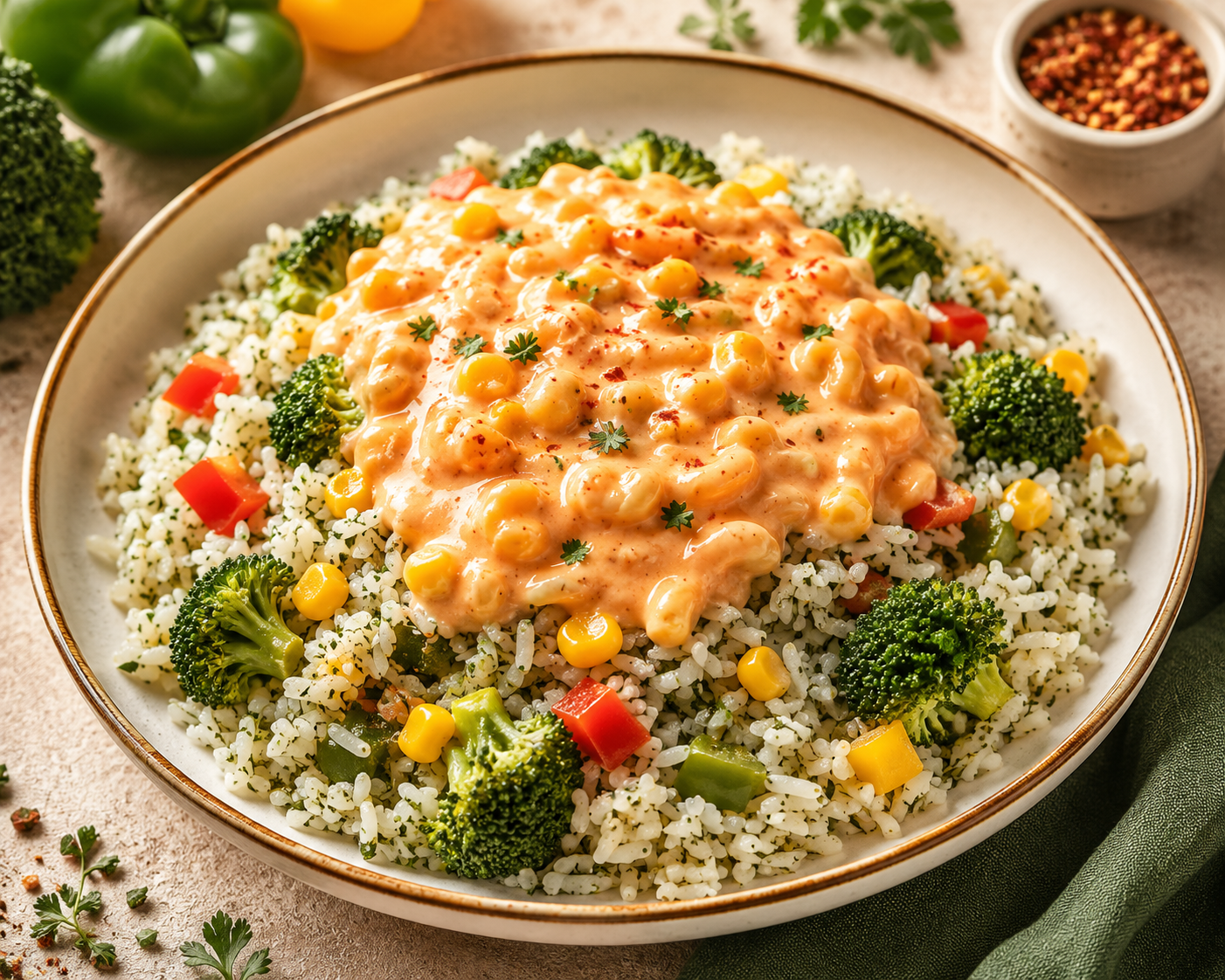 Herb rice with creamy sauce