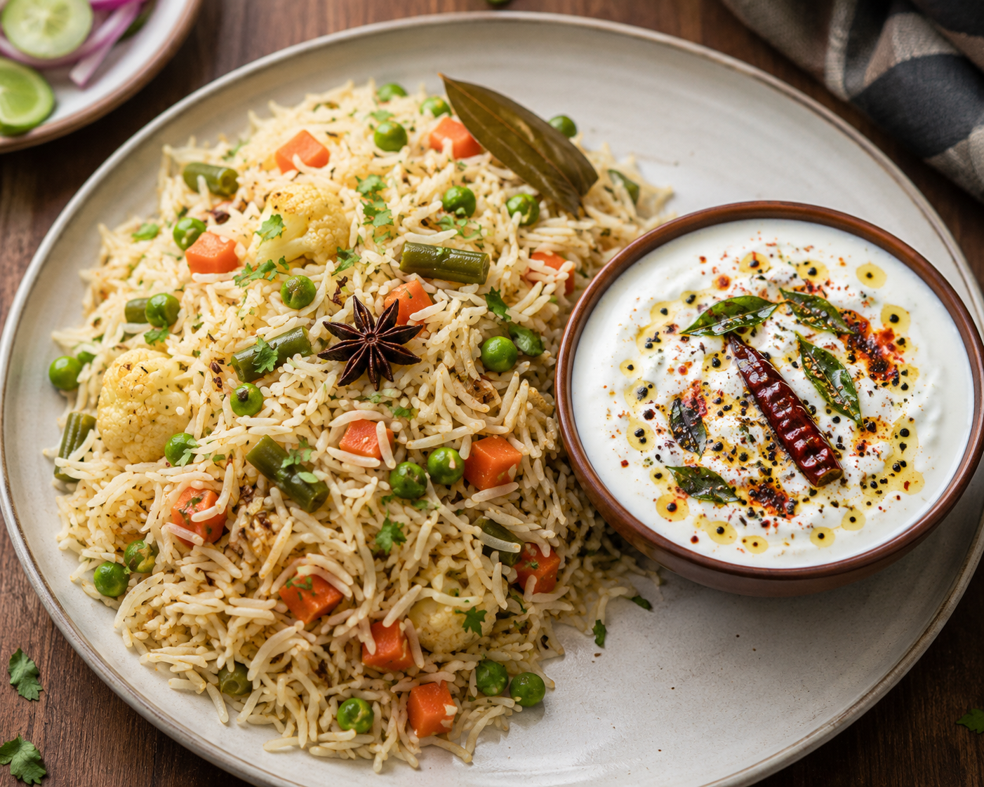 Veg pulao with dahi takda